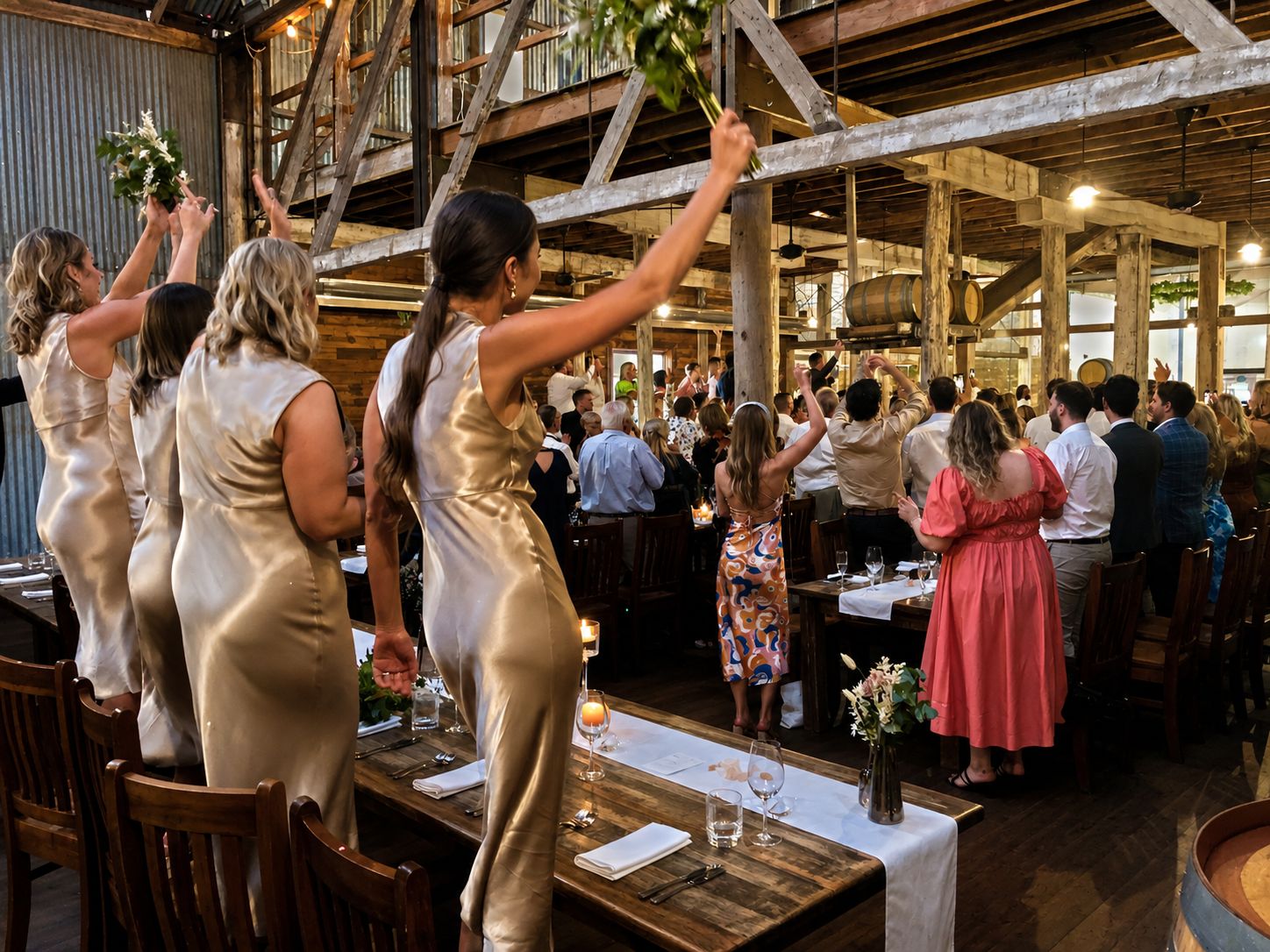Bridal party celebrating on chairs at a rustic barn wedding reception